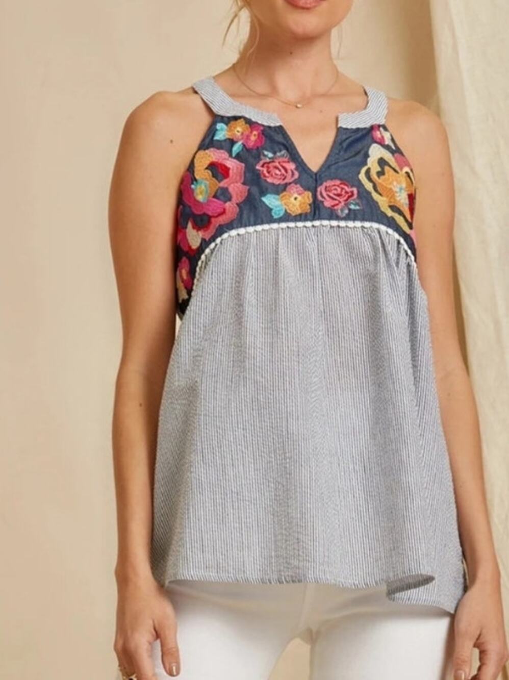 Savanna Jane Babydoll Sleeveless Tank Stripped & Embroidered Top Size Large